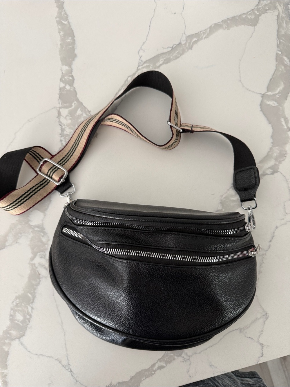 Black Leather Crossbody Belt Bag with Striped Adjustable Strap